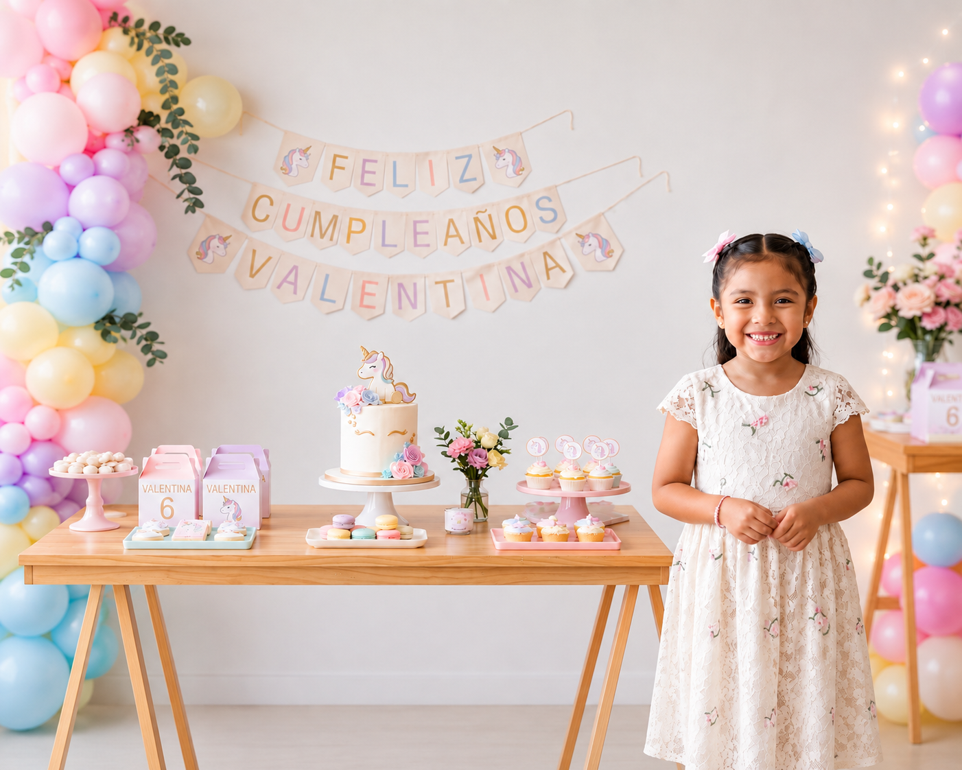Mesa de cumpleaños infantil decorada con papelería personalizada de Magic Confetti